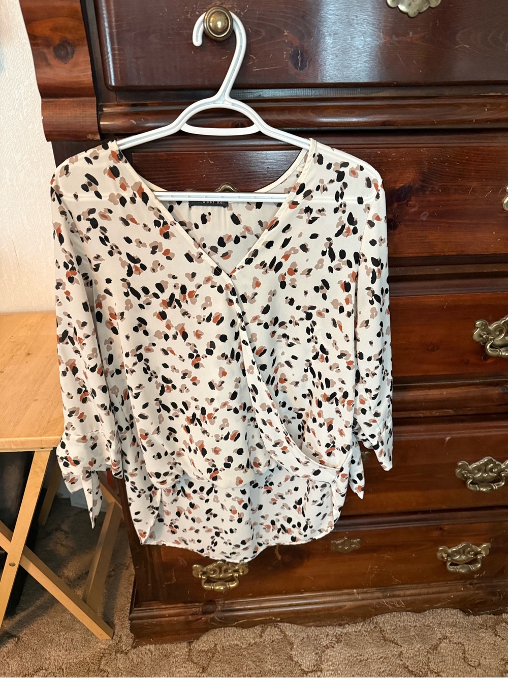 West Kei Cream Wrap Blouse with Black and Brown Speckle Print